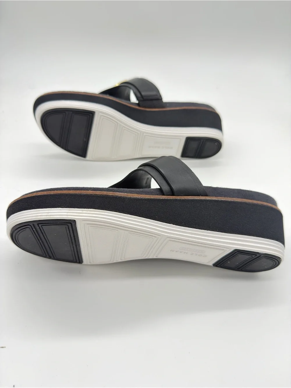 Cole Haan Black Leather Thong Sandals with Gold Hexagon Hardware